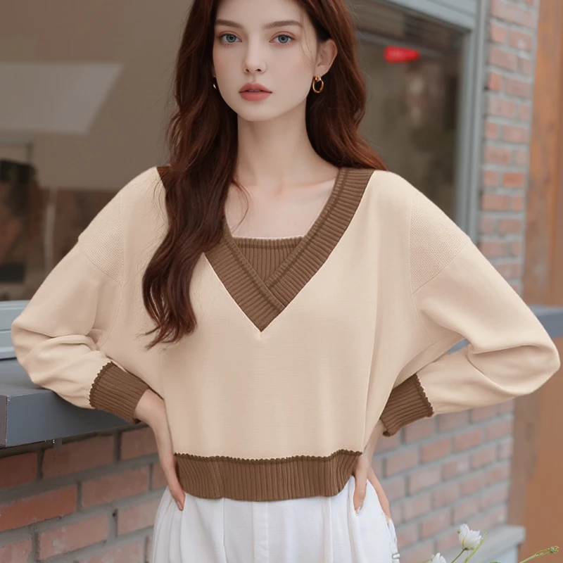 

Новинка 2025, осенне-зимний женский вязаный топ, осенний новый короткий свитер с длинными рукавами, элегантный повседневный трикотаж с v-образным вырезом в корейском стиле