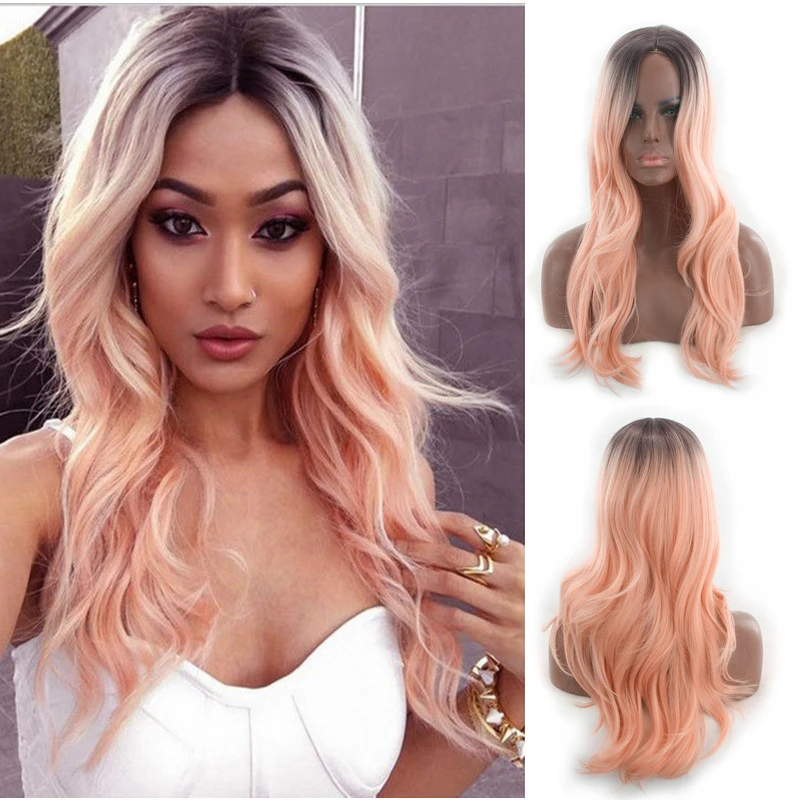 New style no-bangs for women, middle-parted long curly hair with lotus pink highlights, synthetic fiber full wig