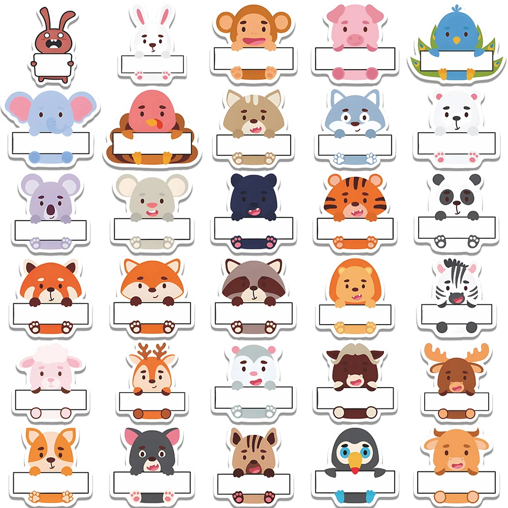 

10/30/50pcs Name Labels Stickers Kids Cute Cats Elephant Lion Waterproof Stickers Cute School Daycare Camp Nursery Tags