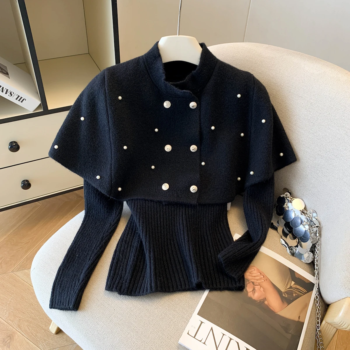 Moda coreana feminina duplo breasted frisado capa de lã camisola de malha outono inverno manga comprida pullovers topos duas peças