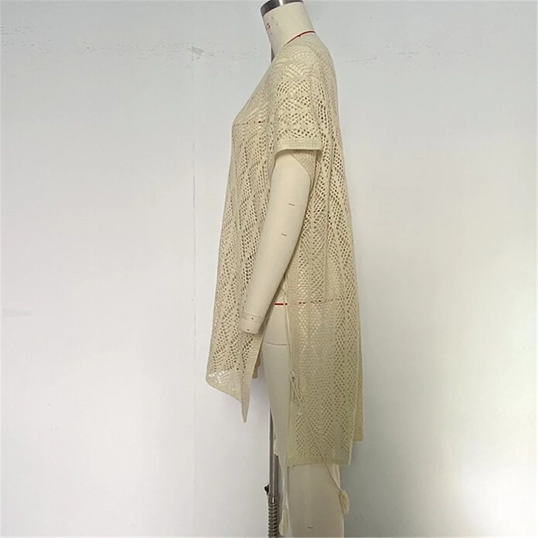 Neues, kurzärmeliges, einfarbiges, gehäkeltes Strick-Tunika-Strandkleid mit V-Ausschnitt, Strandkleid, Strandmode, Damenmode, K8580 – Detail 10