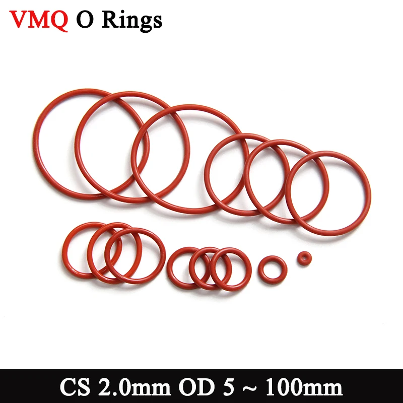 10/50pcs Red Silicone VMQ O Rings Gasket CS 2.0mm OD 5 ~ 100mm Food Grade Waterproof Washer Silicon Rubber Seal Gaskets