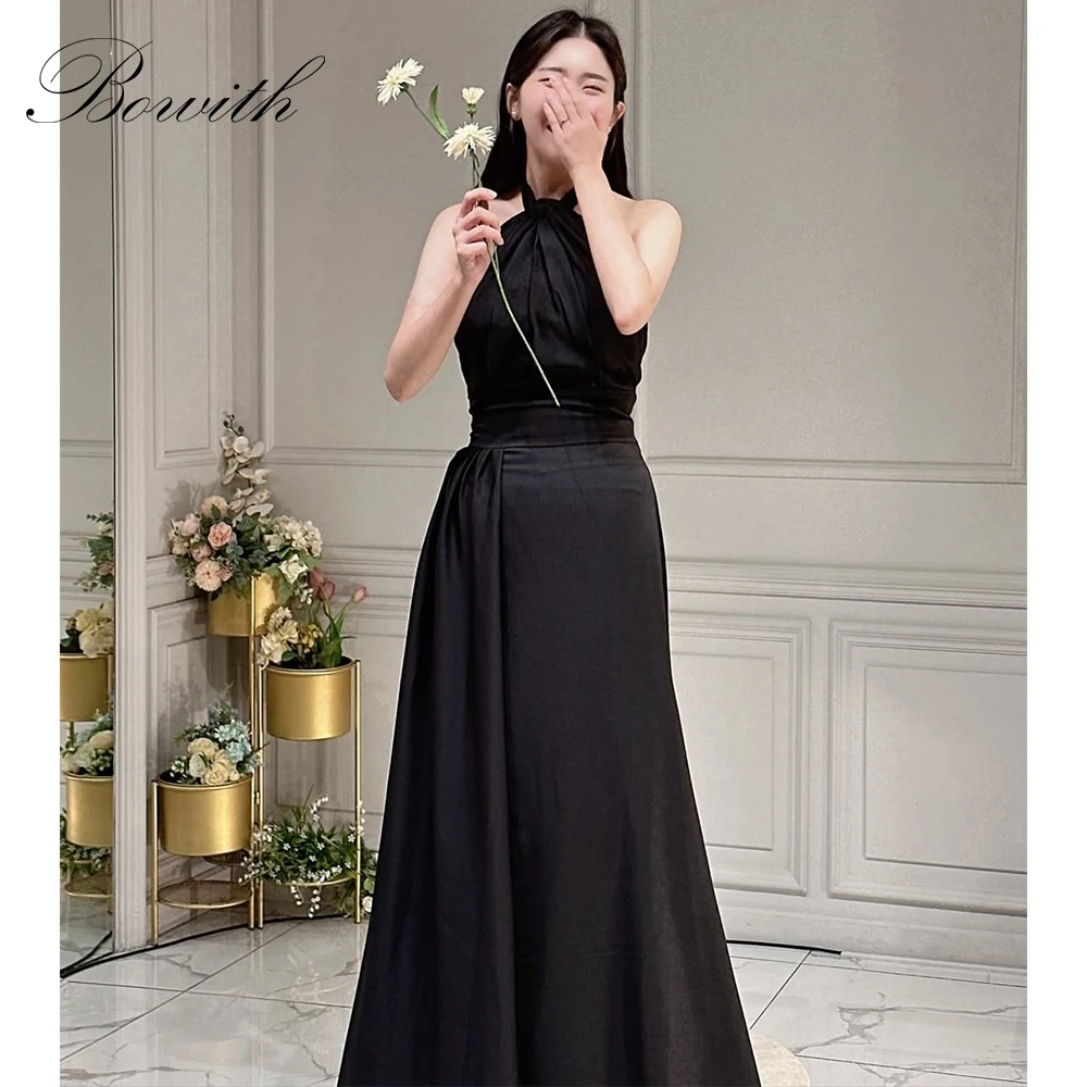 

Bowith Black Simple Korean Evening Dresses Elegant Halter Party Dresses Customized Prom Gown for Women