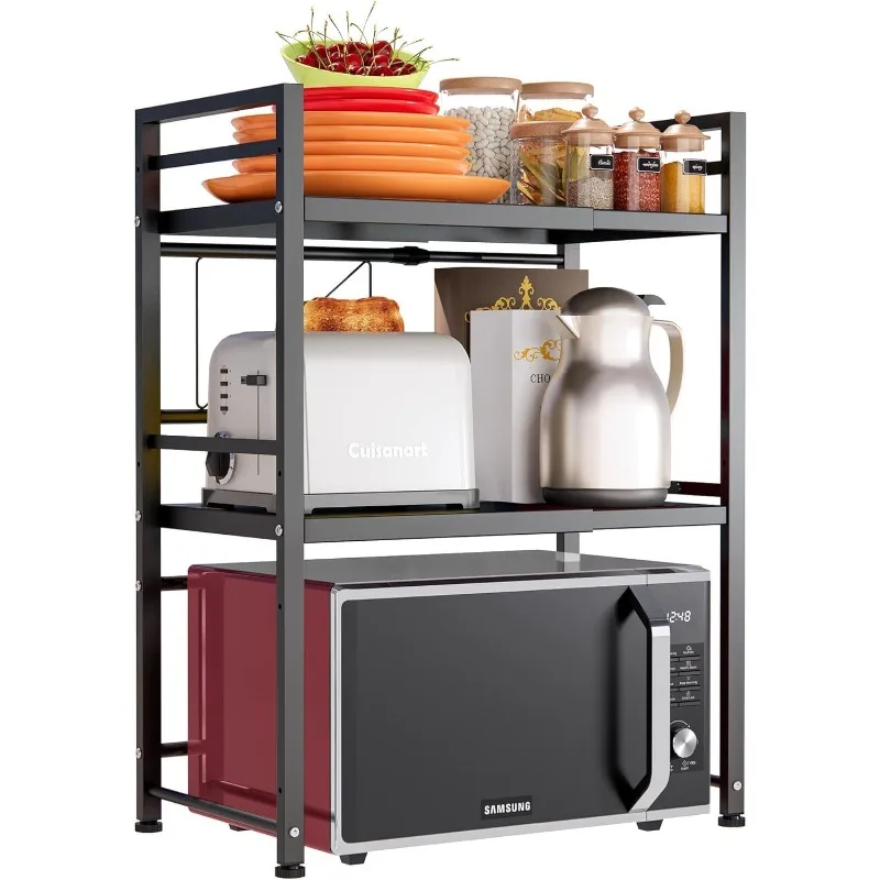 Expandable Microwave Rack, Countertop Kitchen Utensils Tableware Storage, Carbon Steel 3 Tier Shelf with 3 Hooks