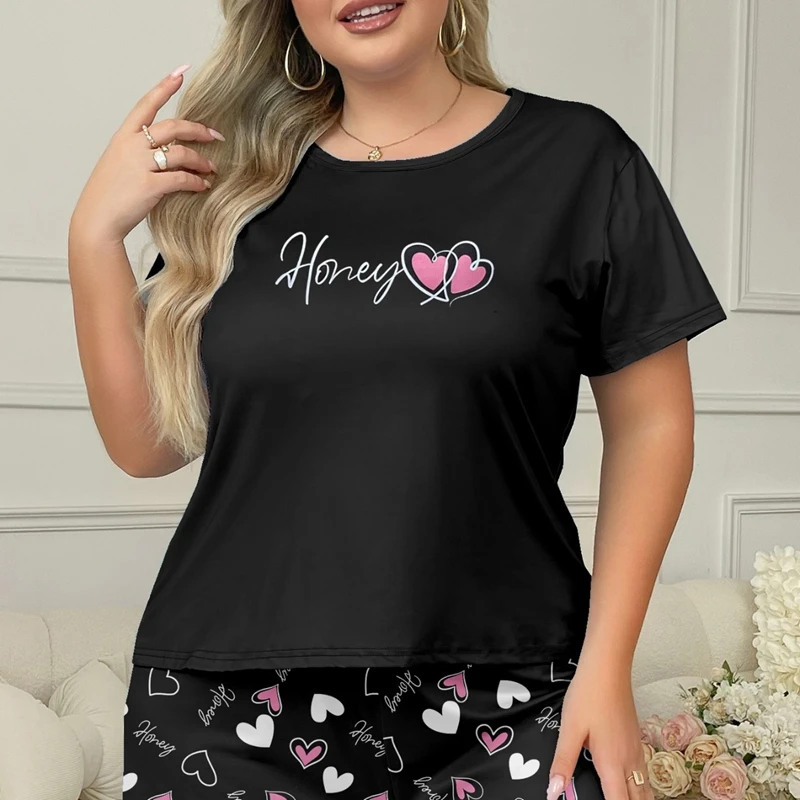 

Уютный пижамный комплект с буквенным принтом в форме сердца для женщин, футболка больших размеров с короткими рукавами и эластичные шорты, удобная домашняя одежда свободного покроя