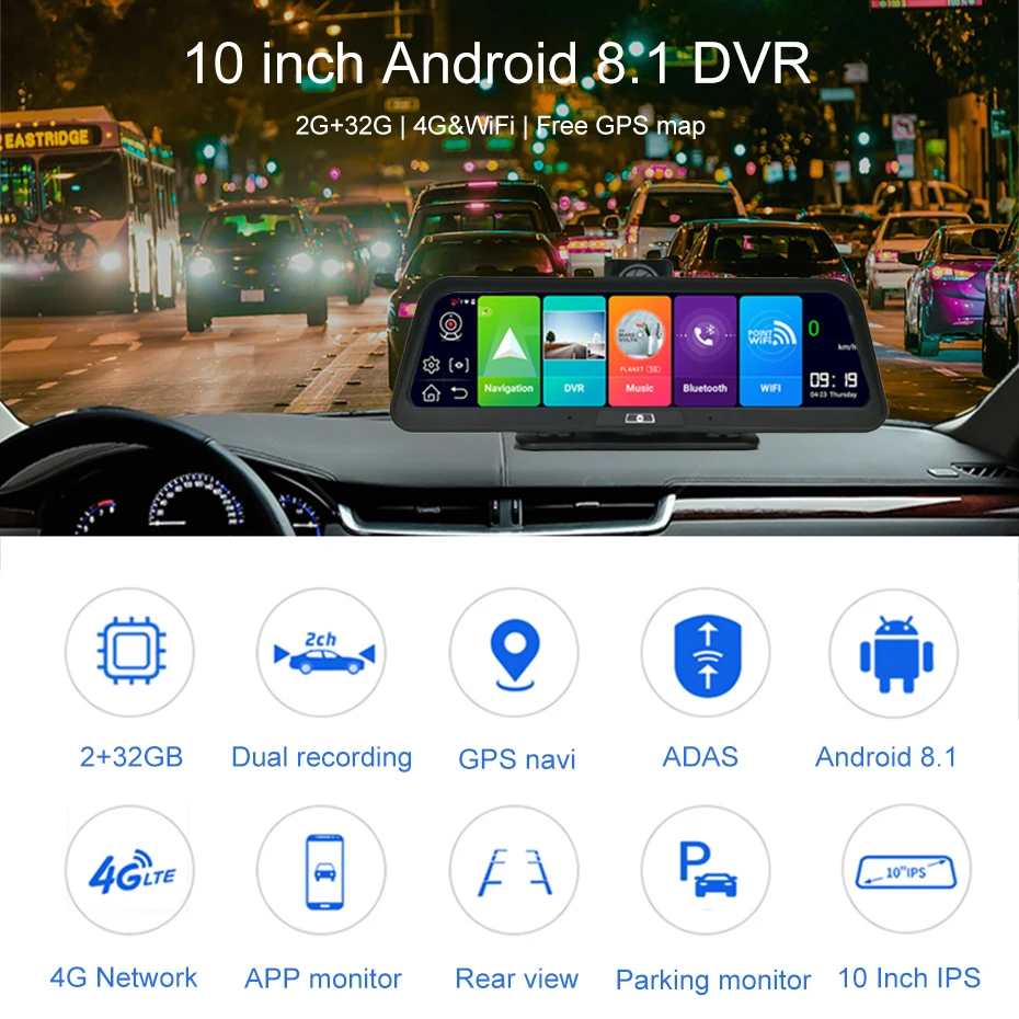 4G black box Dash Cam 10 inch GPS Navigation Car Mirror DVR ADAS Android 8.1 Car camera 1080P Rear Camera video recorder