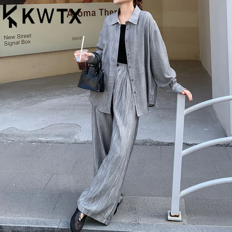 

KWTX 2025 New Gray Loose Fit Two Piece Set Women's Linen Shirt & Wide Leg Pants Casual Spring Summer Outfit