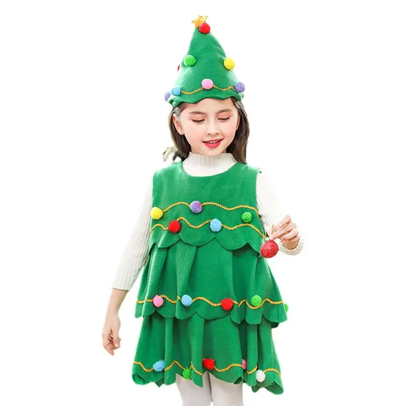 Christmas Tree Costume and Hat Kids Girls Christmas Tree Costume Sleeveless Patchwork Cosplay Party Elf Dress Up Outfit Gifts