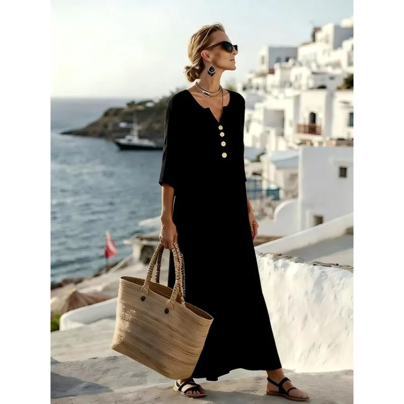 

Women's Linen V Neck Maxi Dress Loose 3/4 Sleeve Casual Vacation Long Dress