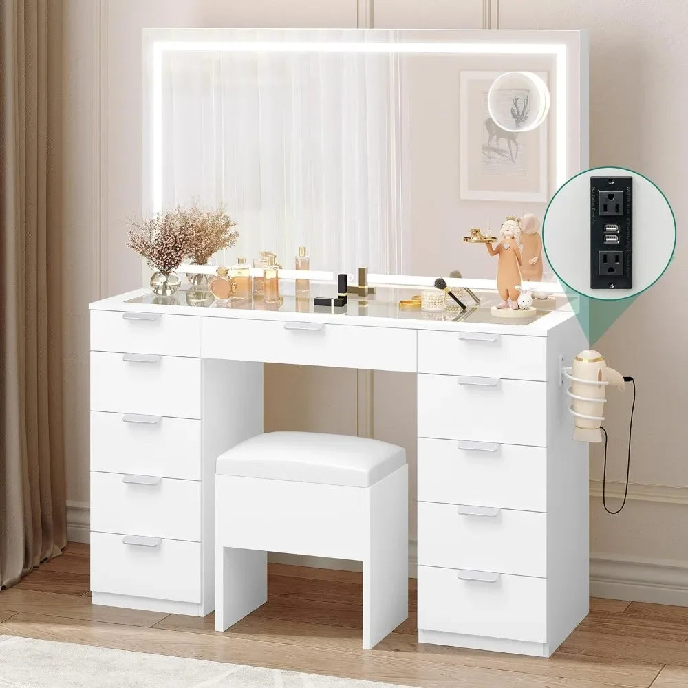 Vanity Desk Set with Large LED Lighted Mirror & Power Outlet, Glass Top Vanity with 11 Drawers and Magnifying Glass, 46