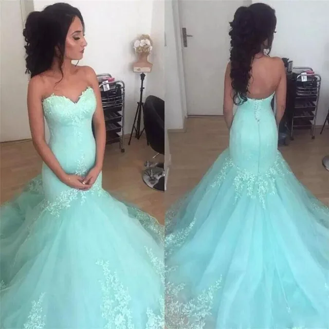 

ANGELSBRIDEP Mint Green Mermaid Evening Dresses Vestidos De Fiesta Sweetheart Appliques Court Train Formal Dresses For Women