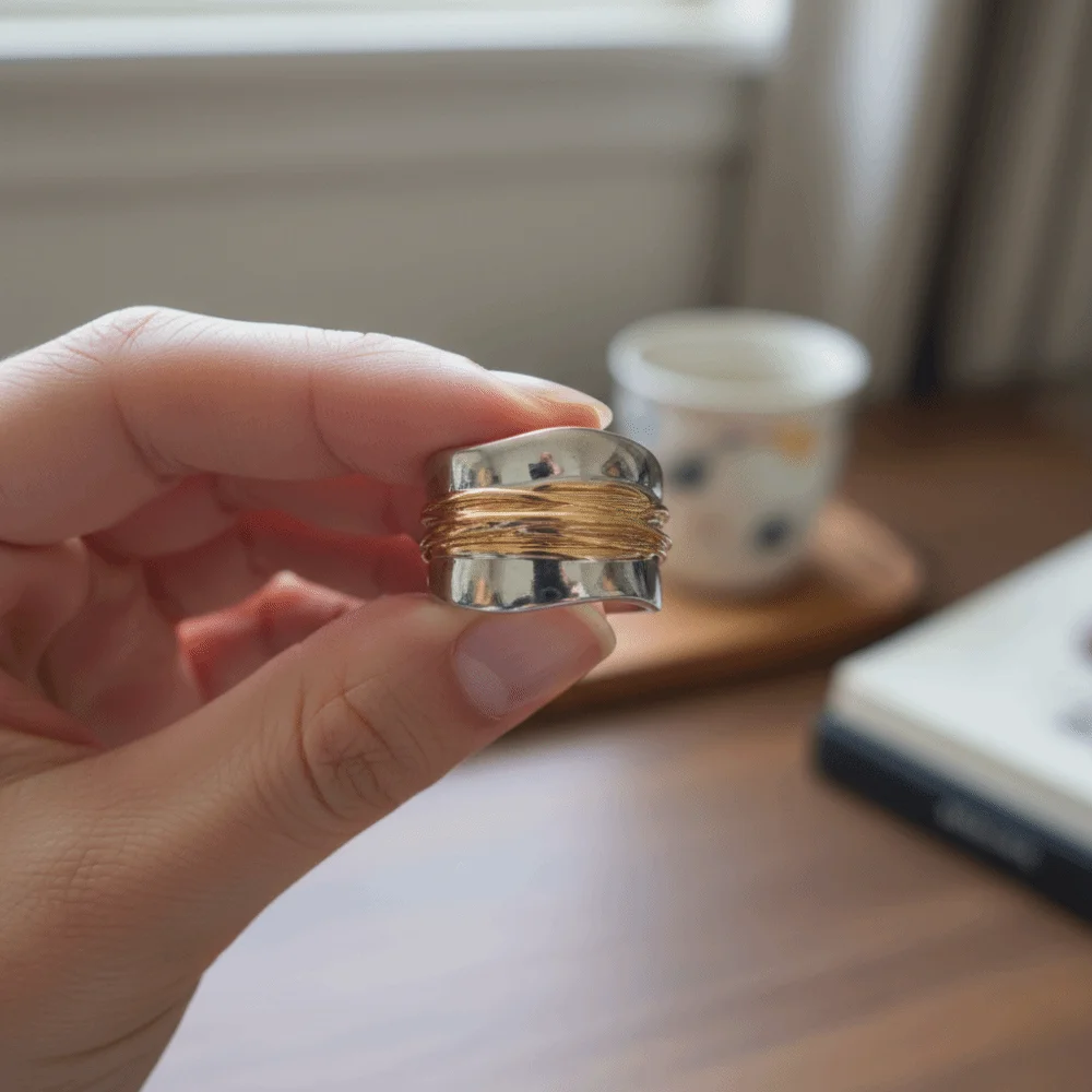 Double Layer Geometric Wide Face Ring Steel Wire Entwined Style Two-tone Ring Engraved Line Minimalist Punk Style Ring