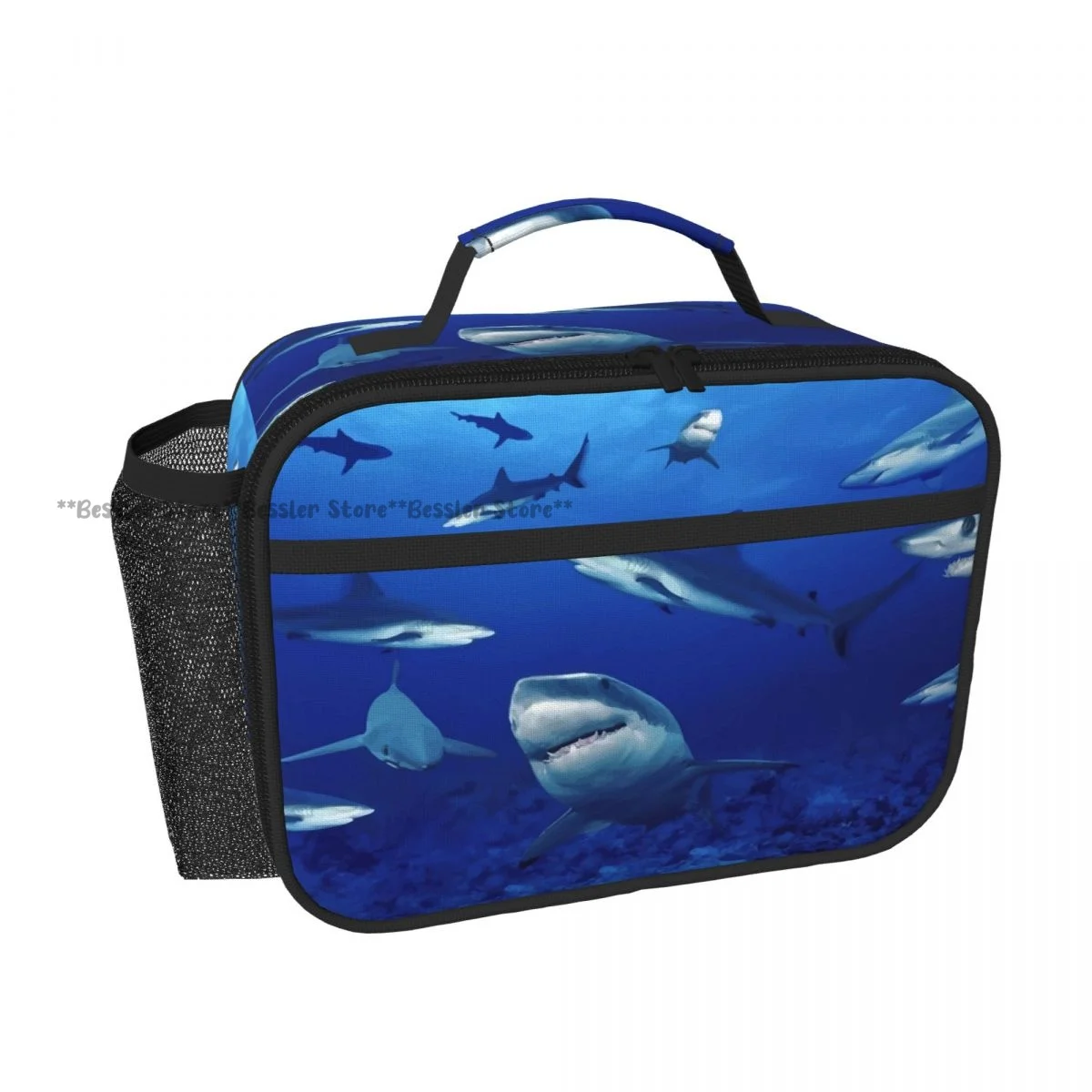Reusable Handheld Thermal Bento Bag Sharks Insulated Lunch Carrier for School Office Outdoor Use