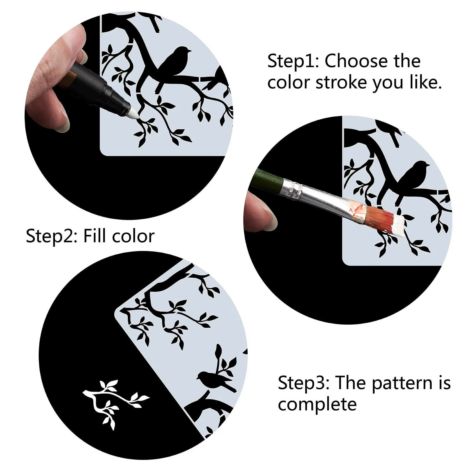 대형 11.8x11.8 인치 트리 스텐실 버드 디자인 재사용 가능한 잎 실루엣 벌새 스텐실 홈 장식 및 공예용