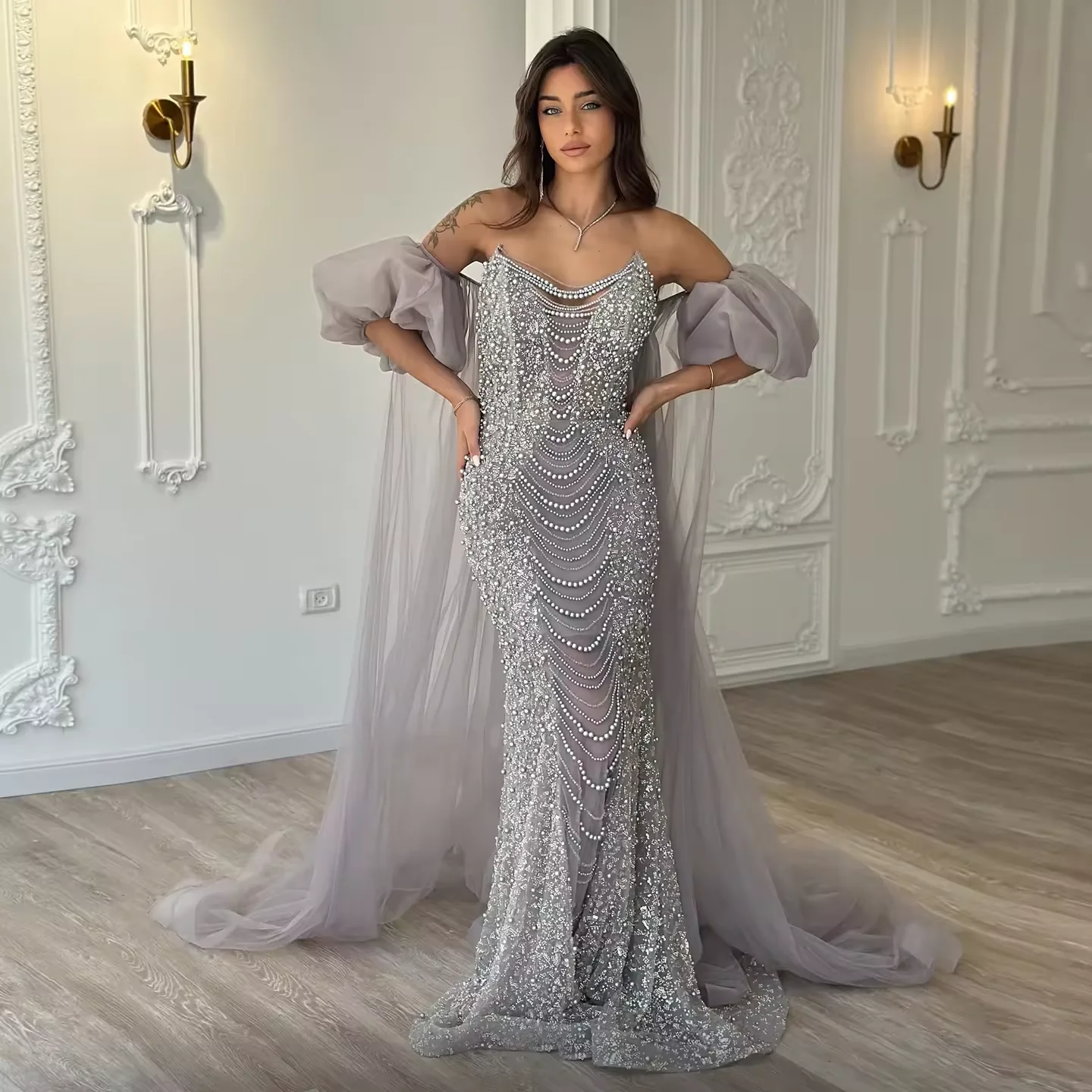 

Customized 2026 Newly Elegant Long Evening Dress Prom Gown for Women Mermaid Cape Sleeves Pearls Beads Dubai Wedding Dance Party