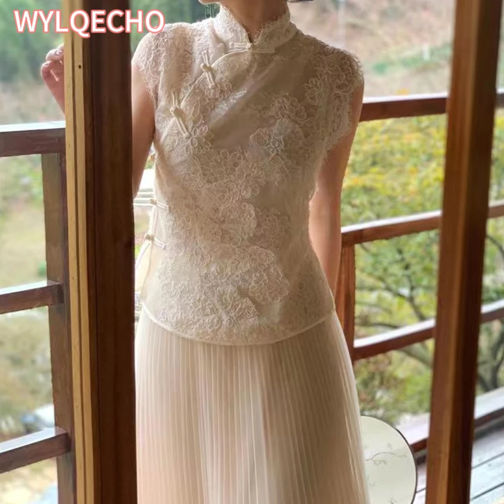 2023 summer new vintage embroidery top lace chinese style plate buckle standing collar sleeveless top for women qipao blouse