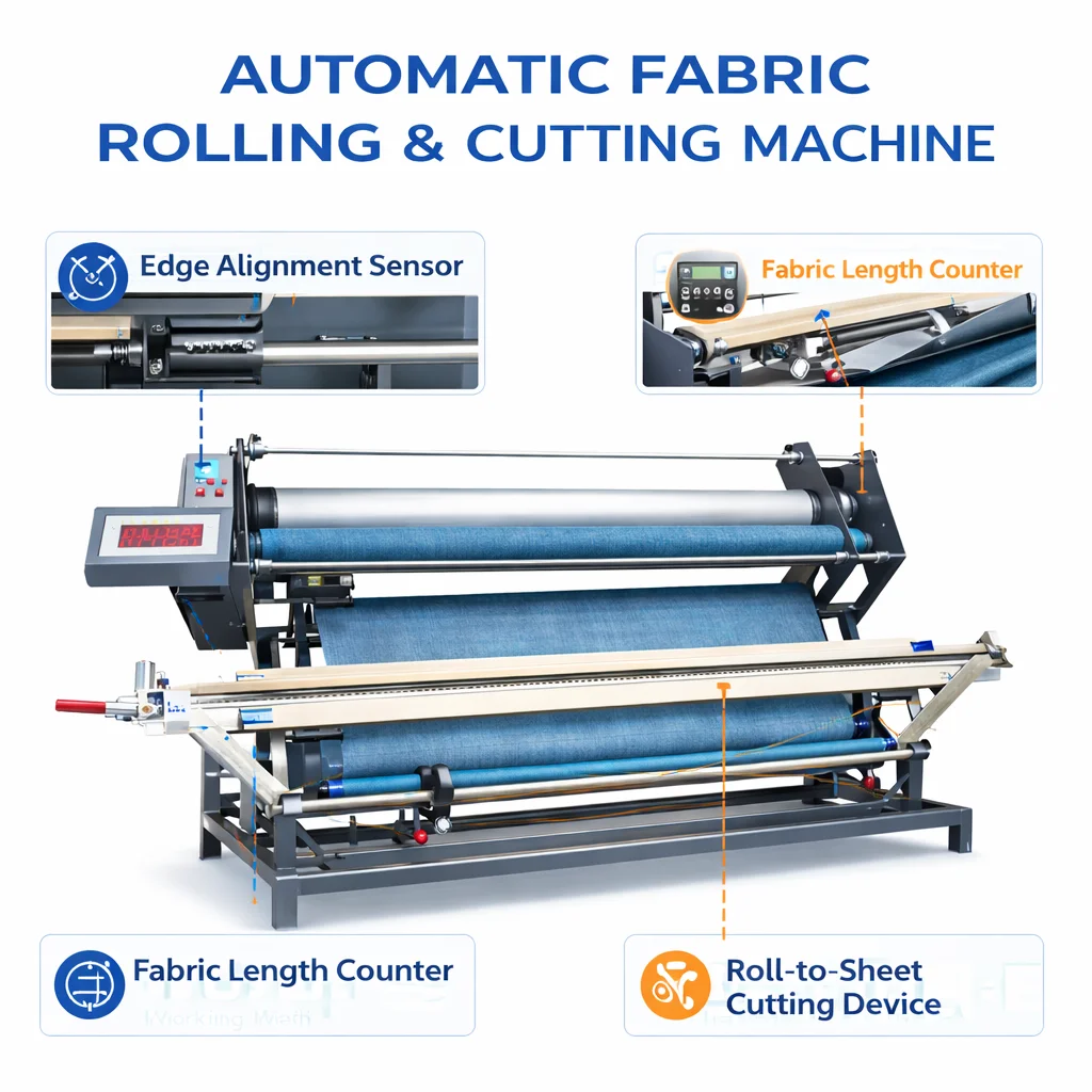 Fabric Inspection Rolling Cutting Machine Textile Cloth Rewinding Machine Edge Alignment Length Counter Roll to Sheet Cutter