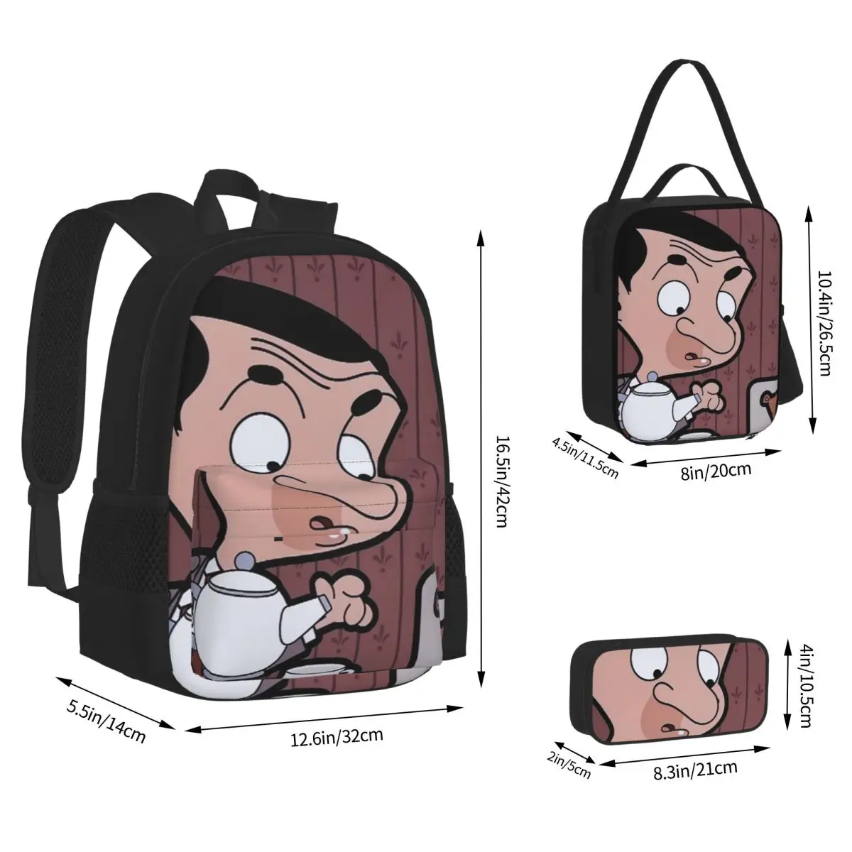 Mr. Bean Cartoon Backpacks Boys Girls Bookbag Students School Bags Kids Rucksack Lunch Bag Pen Bag Three-Piece Set