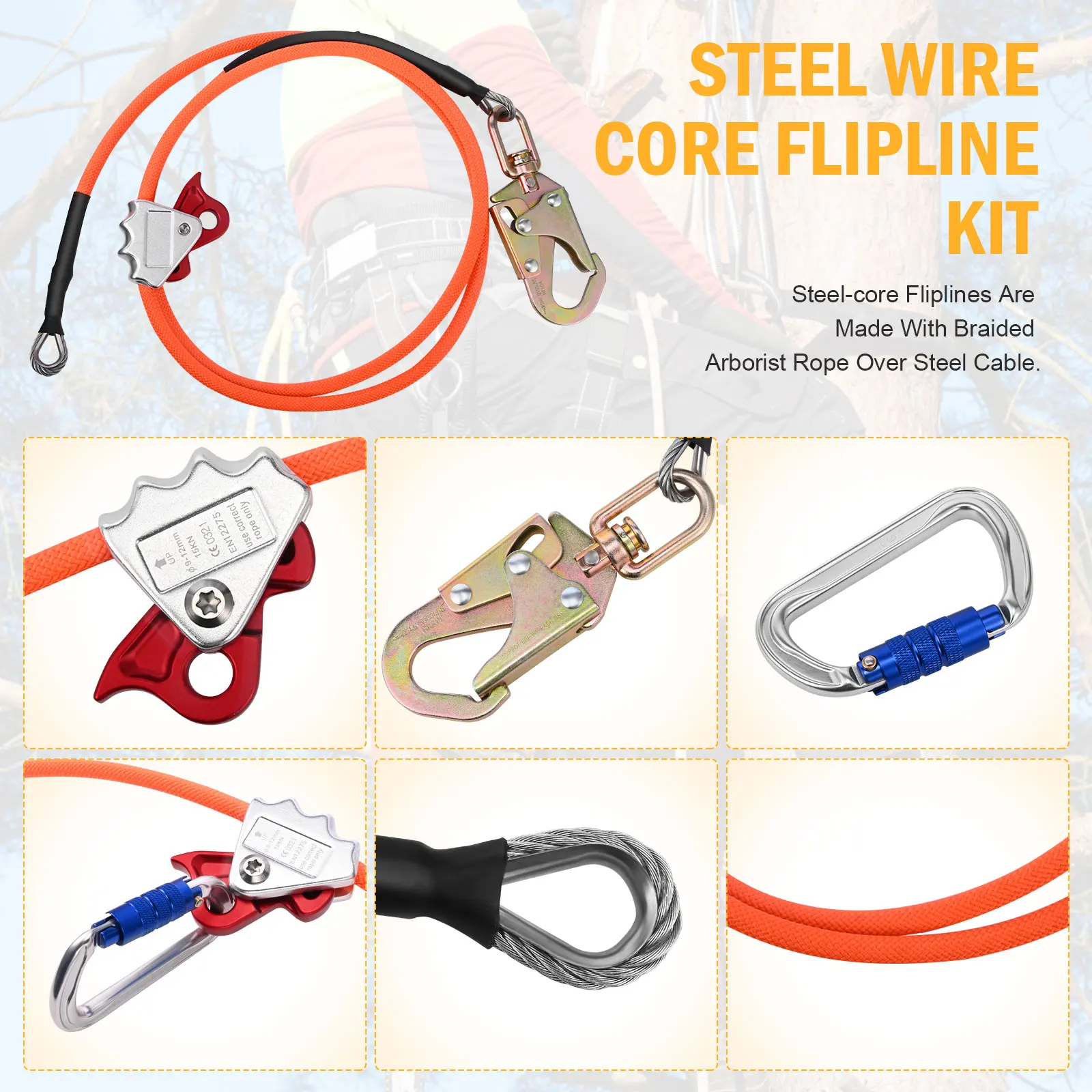 Outdoor Wire-Core Flip Line Kit with Triple Lock Carabiner, Adjustable Lanyard, Low Stretch for Fall Safeguard, Tree Inspection