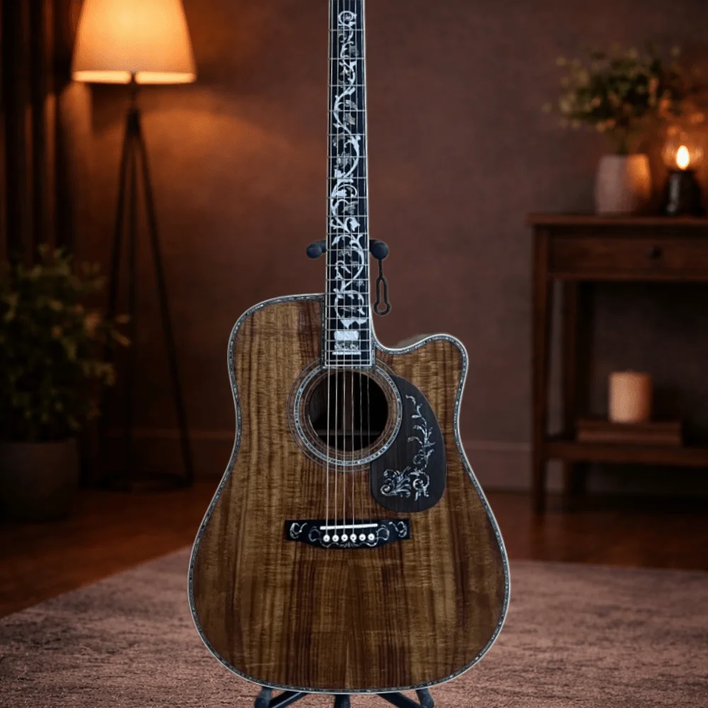 

Высококачественная коричневая акустическая гитара из койа с накладкой грифа из эбенового дерева и костяным нутом для кантри, блюграсса и джаза