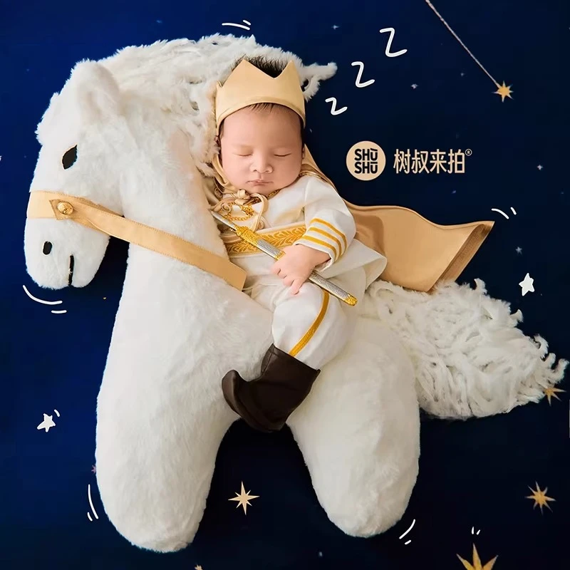 Newborn Photography Props White Horse Prince Theme Set Outfit Set with Poding Horse Doll Backdrop Decors Accessories Photoshoot