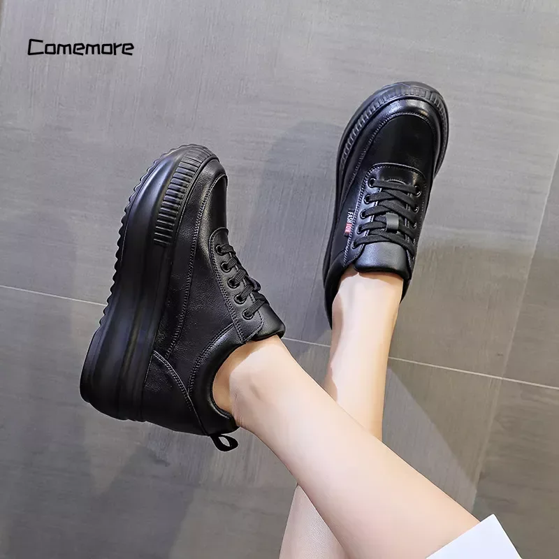 Comemore Platform Wedge Female Women 8CM Heels 2023 Sneakers Chunky Spring Autumn Shoe Women Genuine Leather Casual Black Shoes