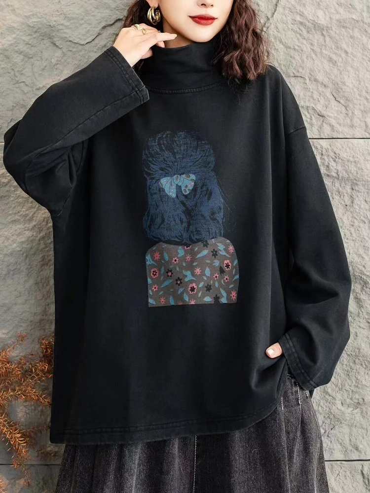 Max LuLu Brand Winter Womens Fashion Leisure Cotton Tops Casual Vintage Printed Tee Shirts Oversized Turtleneck Harajuku Clothes