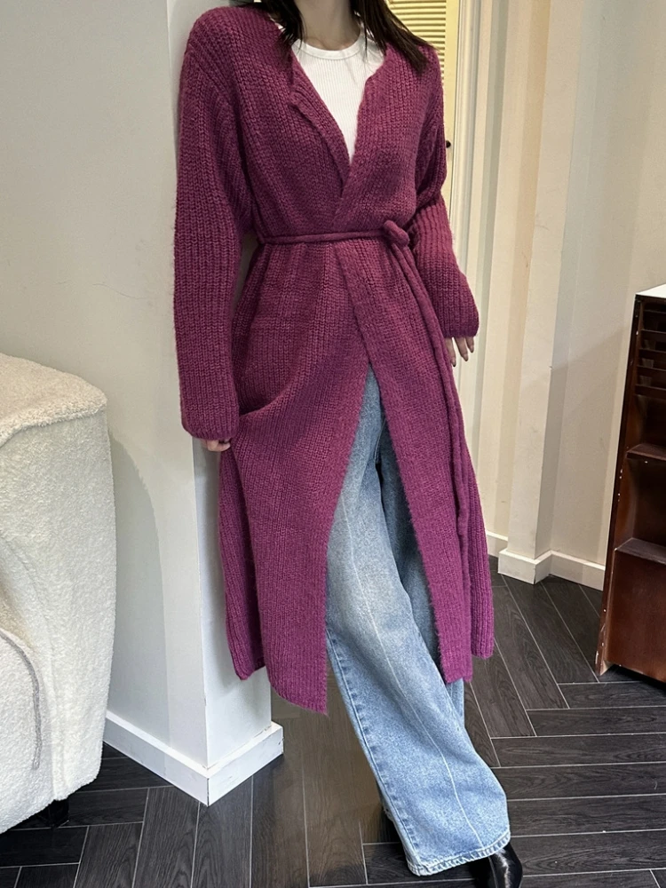 Lace Up Sweater Cardigan Women Thick Autumn Winter Coat 2023 England Style Vintage Knitted Long Cardigan femme Oversize Sweaters