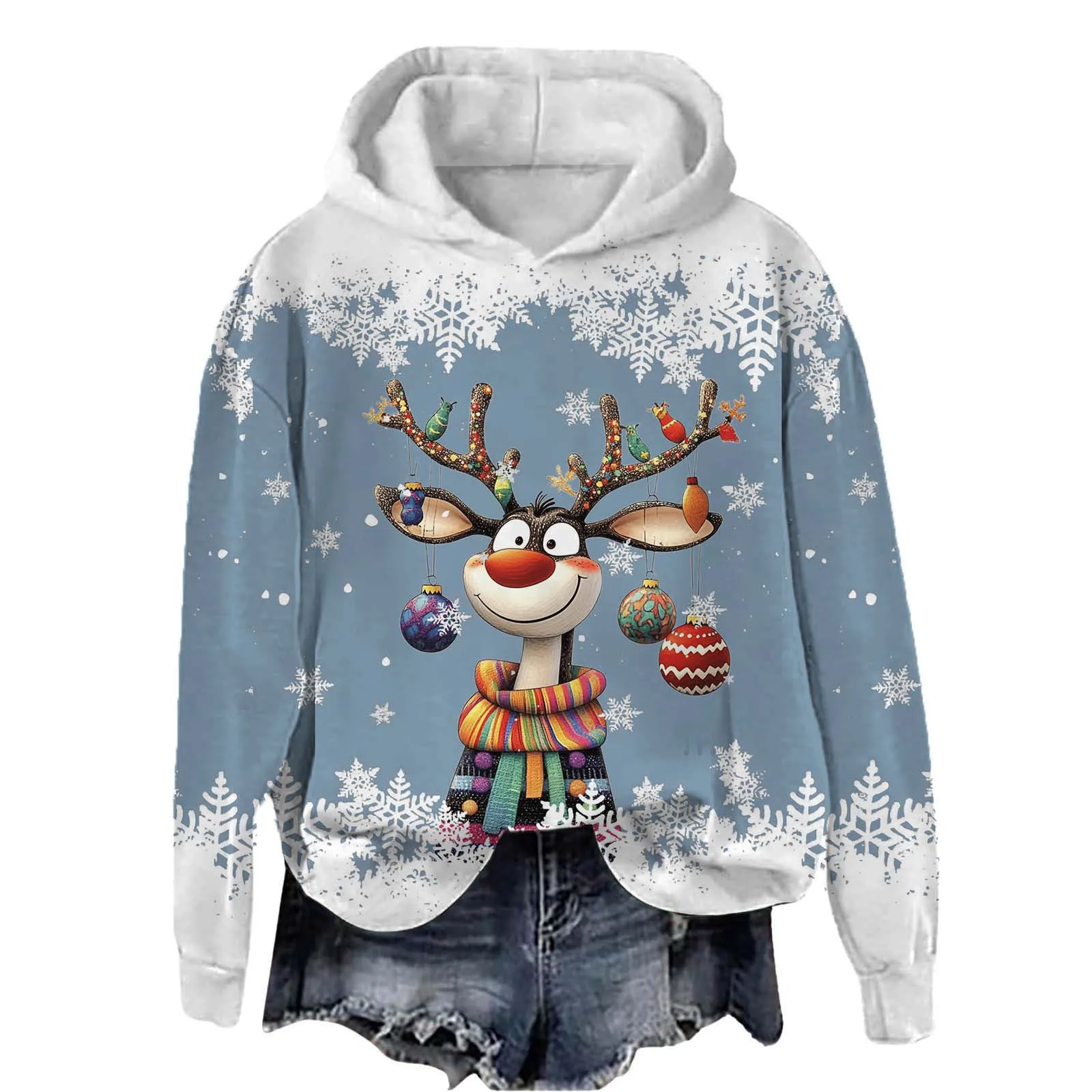 Christmas Sweatshirts Snowflake Print Round Neck Long Sleeved Hooded Sweater Hoodie Top Casual Vintage Oversized Clothing