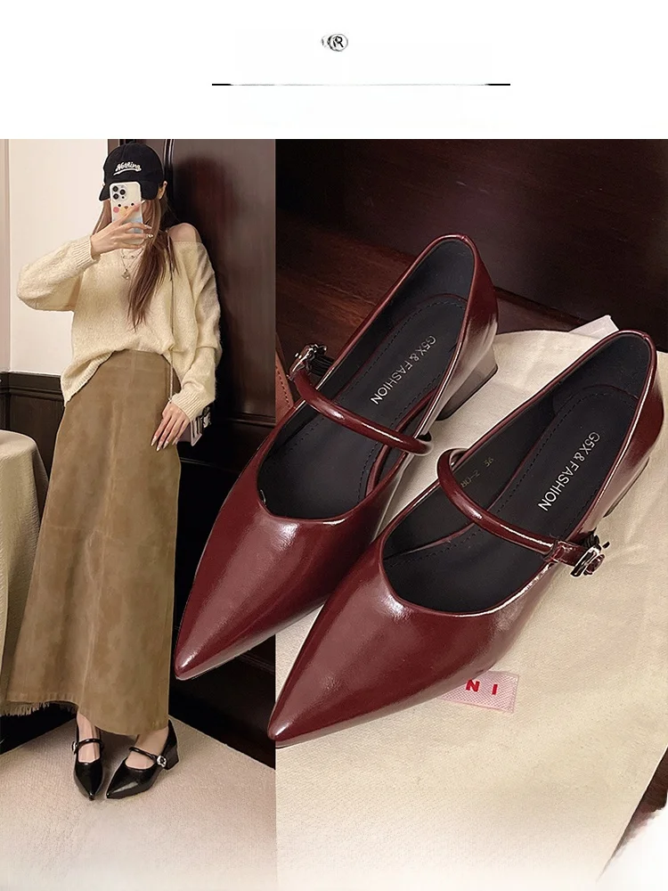 

Женские туфли Мэри Джейн с острым носком на высоком каблуке, кожаные, без застежек, модные, деловые, повседневные, с резиновой подошвой