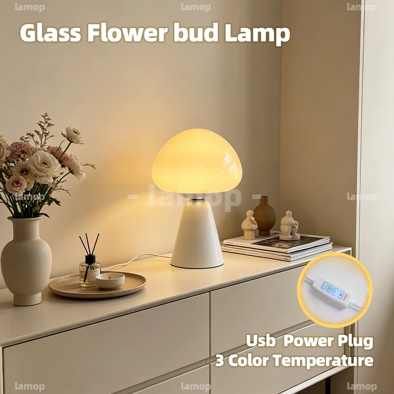 Glass Floral‑Bud‑Cap Shade Table Lamp French‑Elegant 3 Tone Mild Radiance Vanity Shelf Decor