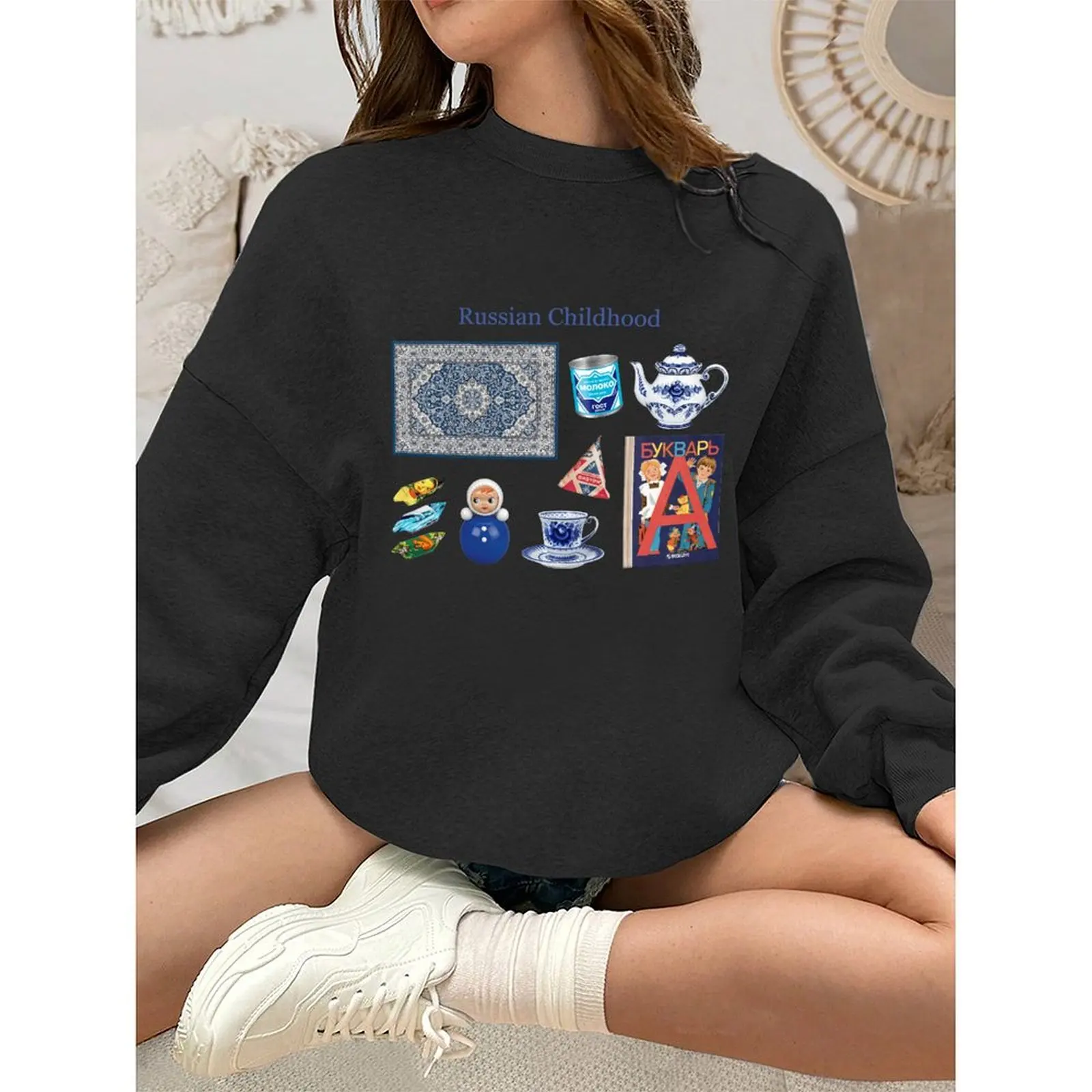 

Round Neck Women Sweatshirt Winter Casual Vintage Printed Pattern Retro Style Pullovers Autumn Woman Clothes 2025