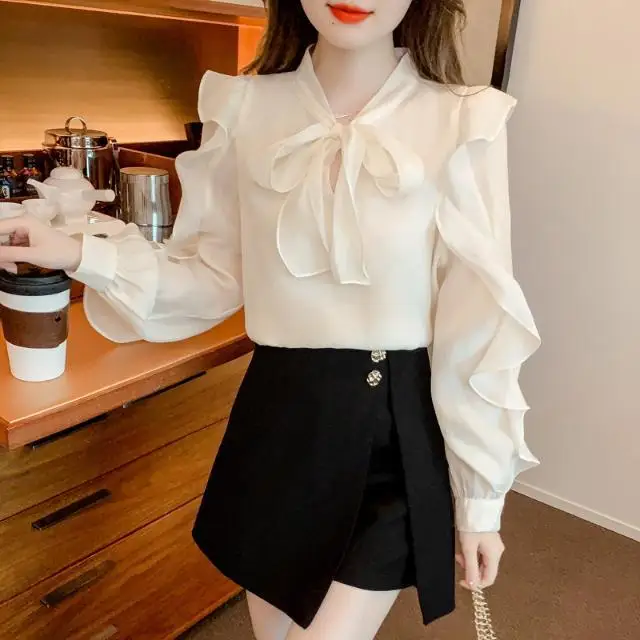 French Style Chiffon Shirt Women\'s New Style Small Shirt Fashionable High-end Bow Long Sleeved Top