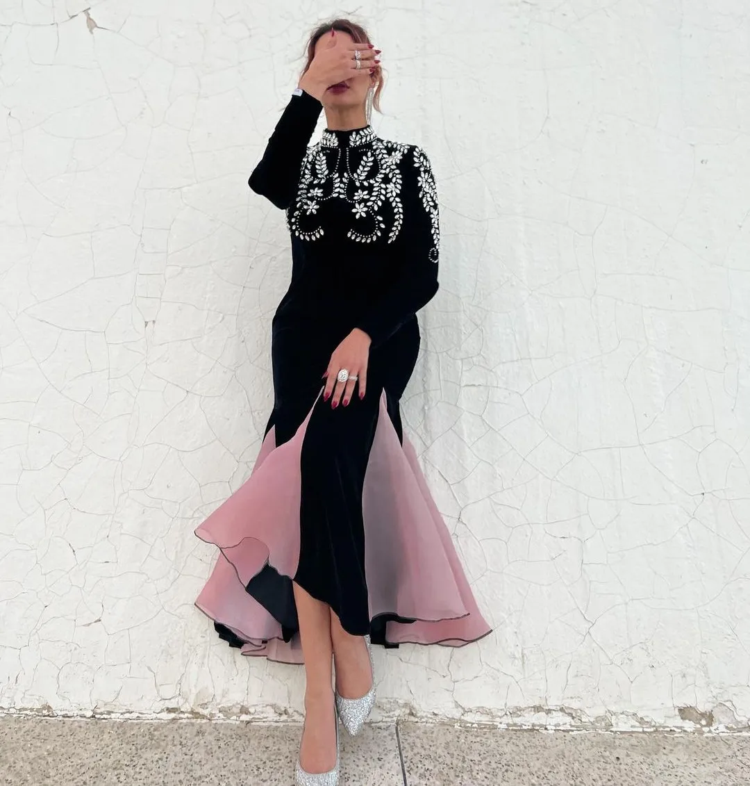 Meetlove Arabia Saudita vestidos de fiesta de sirena negros vestidos de noche para mujer cuello alto diamantes de imitación mangas largas vestidos de fiesta de cóctel