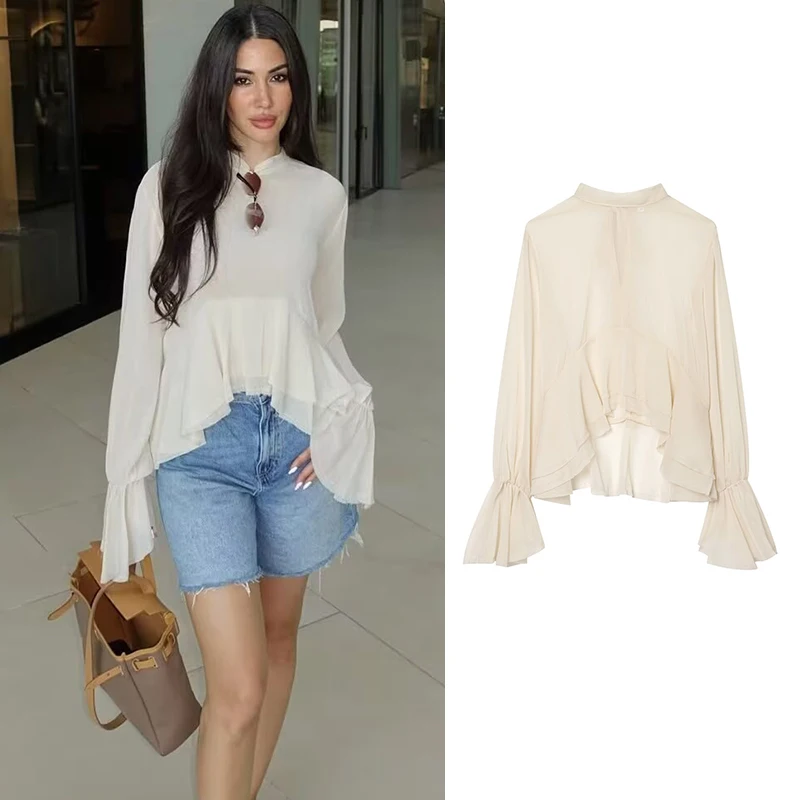 

Summer New Women's Blouse 2026 Fashion Beige Chic Perspective Elegant Shirts Tops Women's Street Youth Travel Unique Tops