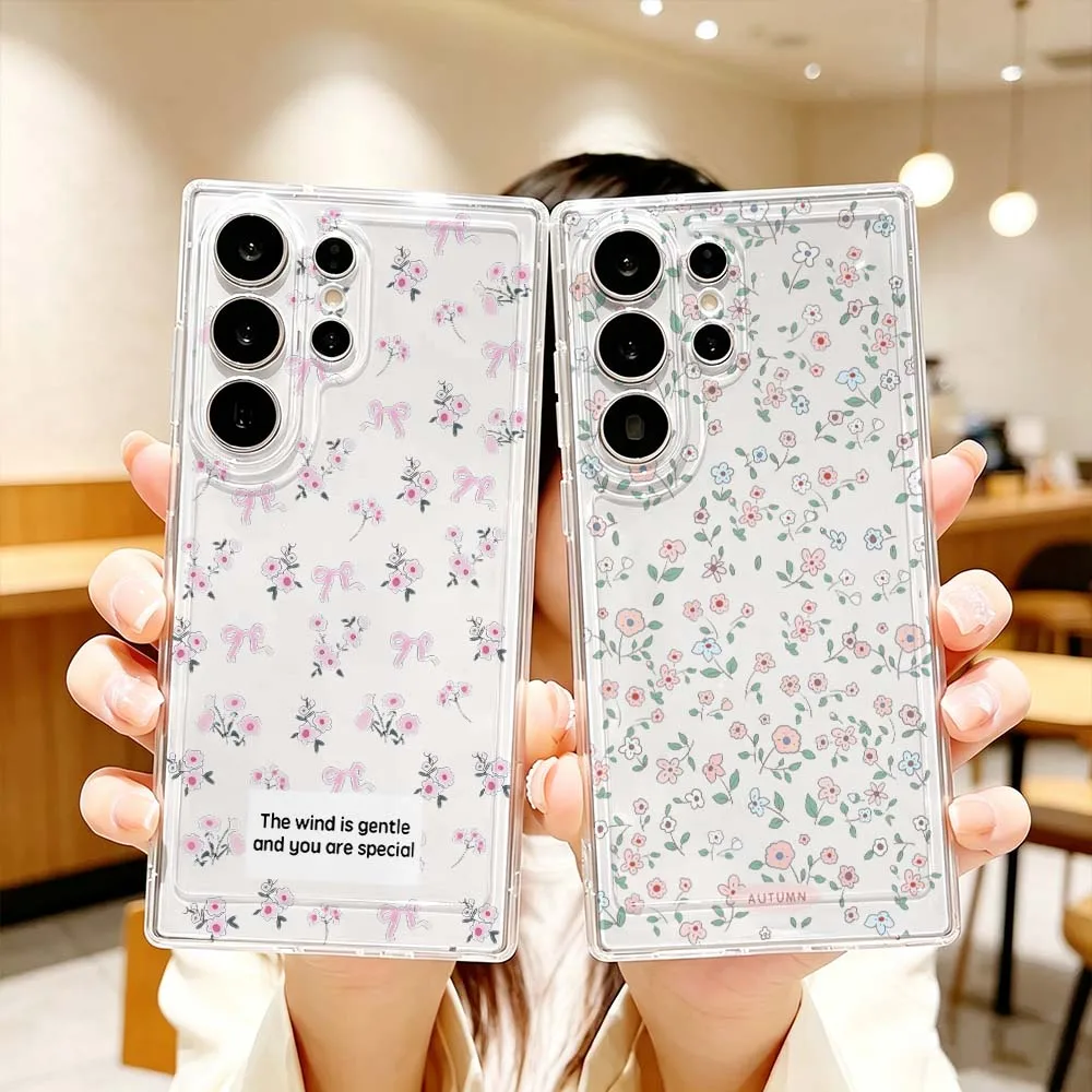 Cartoon Floral Pattern Phone Case For Samsung Galaxy S26 S25 S24 S23 S22 S21 S20 Ultra Plus FE Pro 5G Transparent Cover