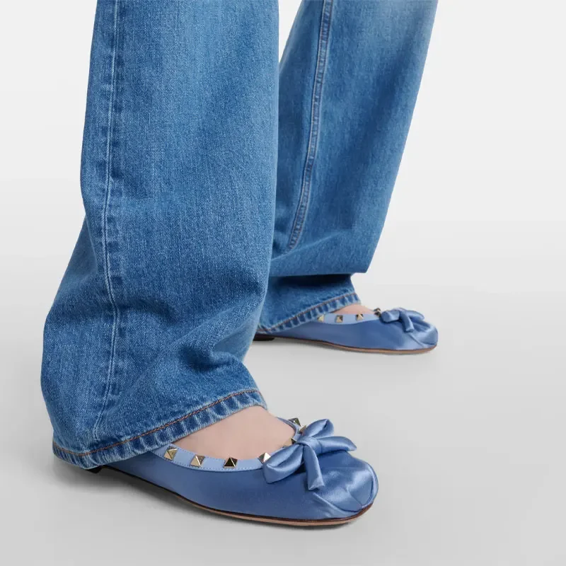 Bowknot برشام مطوي نعل مسطح حذاء واحد الربيع/الصيف مريح المشي لمسافات طويلة في الهواء الطلق التنقل ماري جين الباليه طالب الأحذية 44 #6