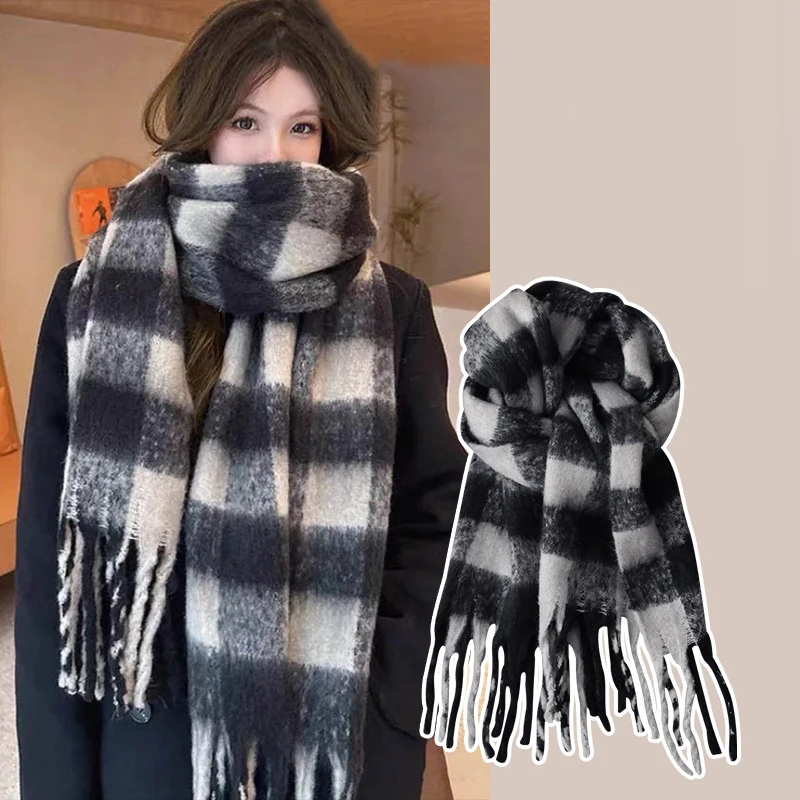 Plaid Scarf Checkerboard Soft Scarfs Women's Winter Warm Dual Use Long Shawl Vintage Thickened Scarves