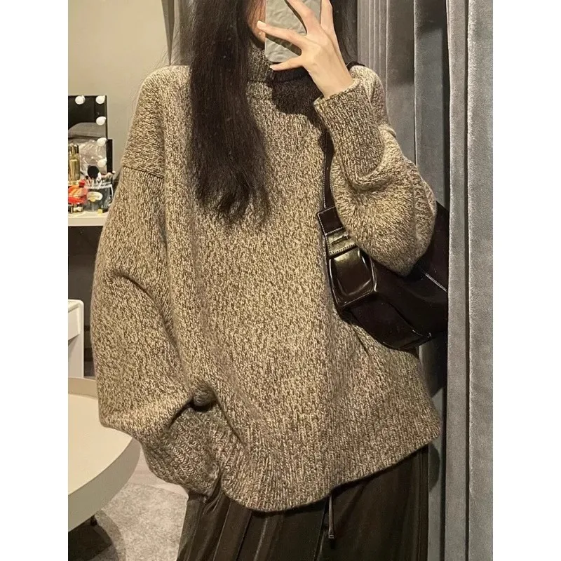 高級グレーのハイネック100％ピュアカシミヤセーター、女性用ルーズセーター、秋冬用ウールニットセーター