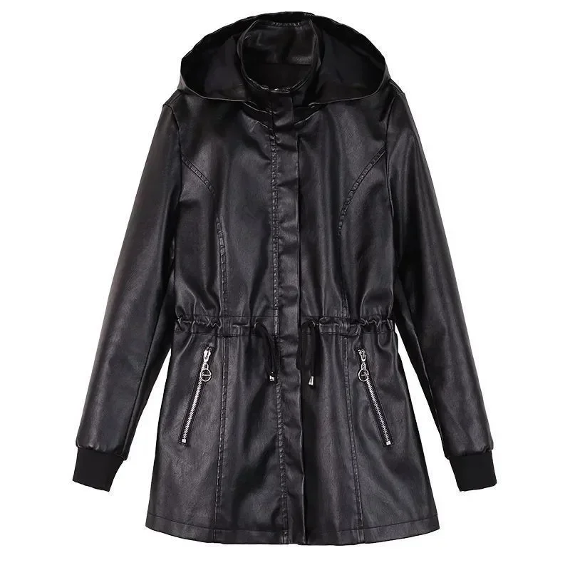 Autumn  and Winter Leather Jacket Women Dismantle Hooded Coat Fleece Thicken PU Leather Overcoat Female Drawstring Windbreakers
