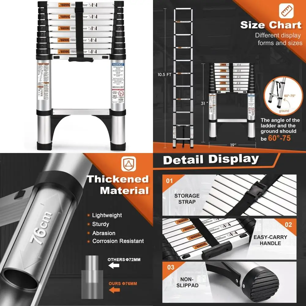 سلم تمديد تصغير من الألومنيوم، 10.5 قدم مع زر تراجع، مثبتين، متعدد الأغراض للمنزل والتجاري #1