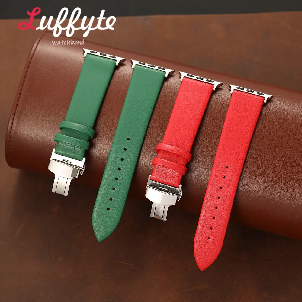 Unisex Ultra Thin Leather Watch Band for Apple Watch 1-11 Ultra SE for iwatch 38mm-49mm Soft Wristband with Butterfly Buckle