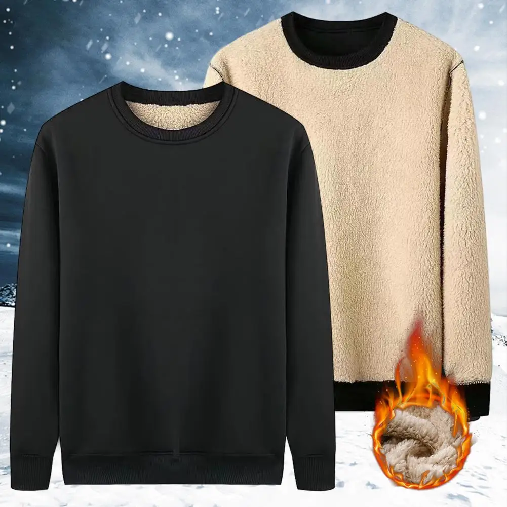 Autumn Winter Men's Sweatshirts Fleece Thick Solid Color Bunched Sleeves Cold-proof Warm Clothes O-neck Loose Top M-3xl