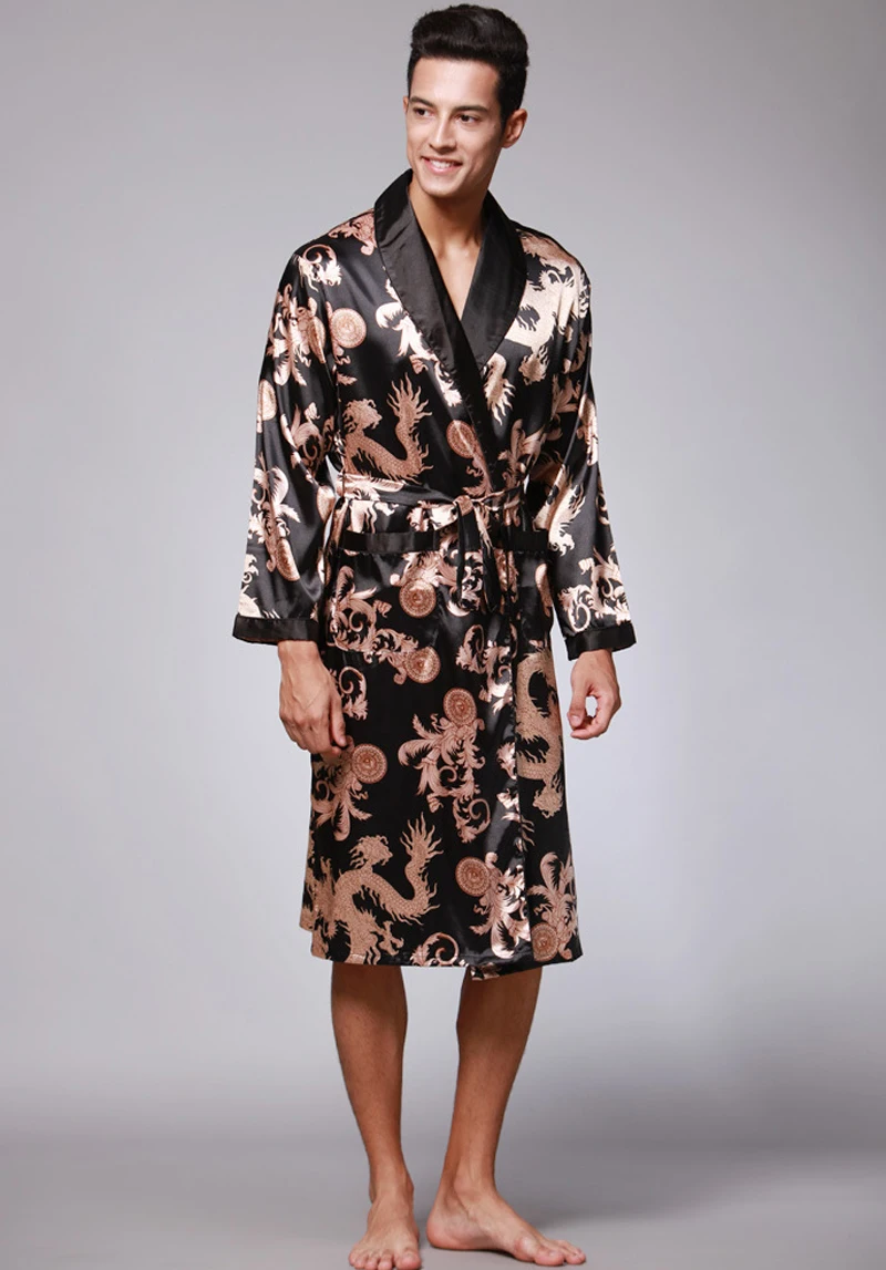 Spring Summer Men's Bathrobes Printed Male Pajamas Long Sleeves Nightwear Sleepwear Satin Silk Robe Pyjama Belt Men Robe MY1165 view 2