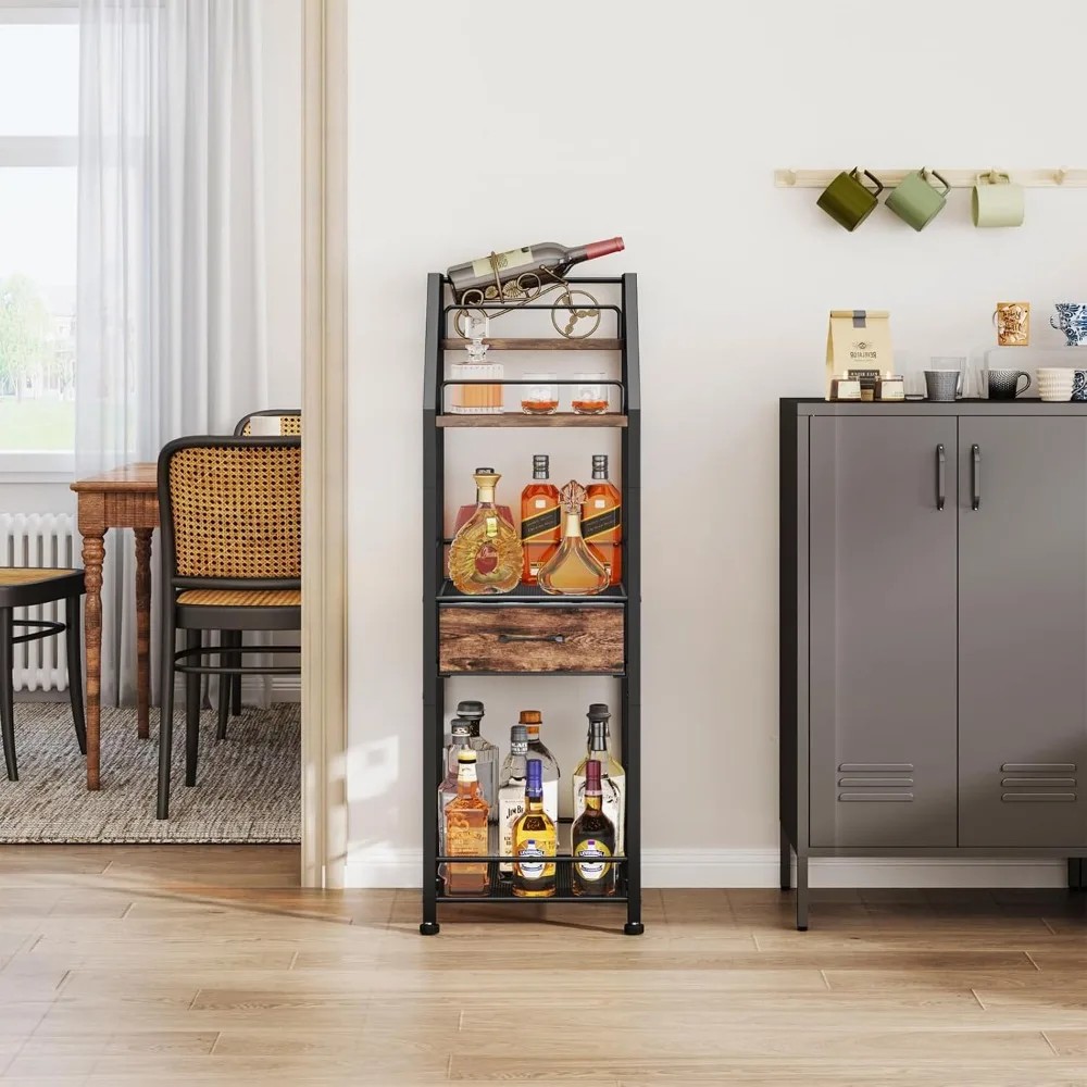 4-Tier Stepped Wine Rack Cabinet with Fabric Drawer - Freestanding Bar Stand for Home Storage
