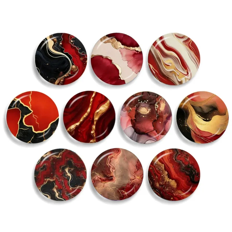 Watercolor Red Gilded Texture Patterns 10pcs 12mm/16mm/18mm/20mm/25mm/30mm Round Photo Glass Cabochon Demo Flat Back Making