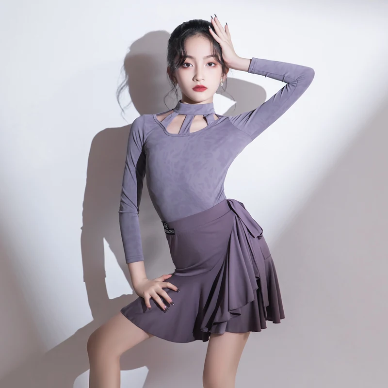 

Long Sleeve Latin Dance Dress Girls Purple Rumba Samba Performance Suit Two-Piece Kids Practice Wear ChaCha Dance Clothes YS5184