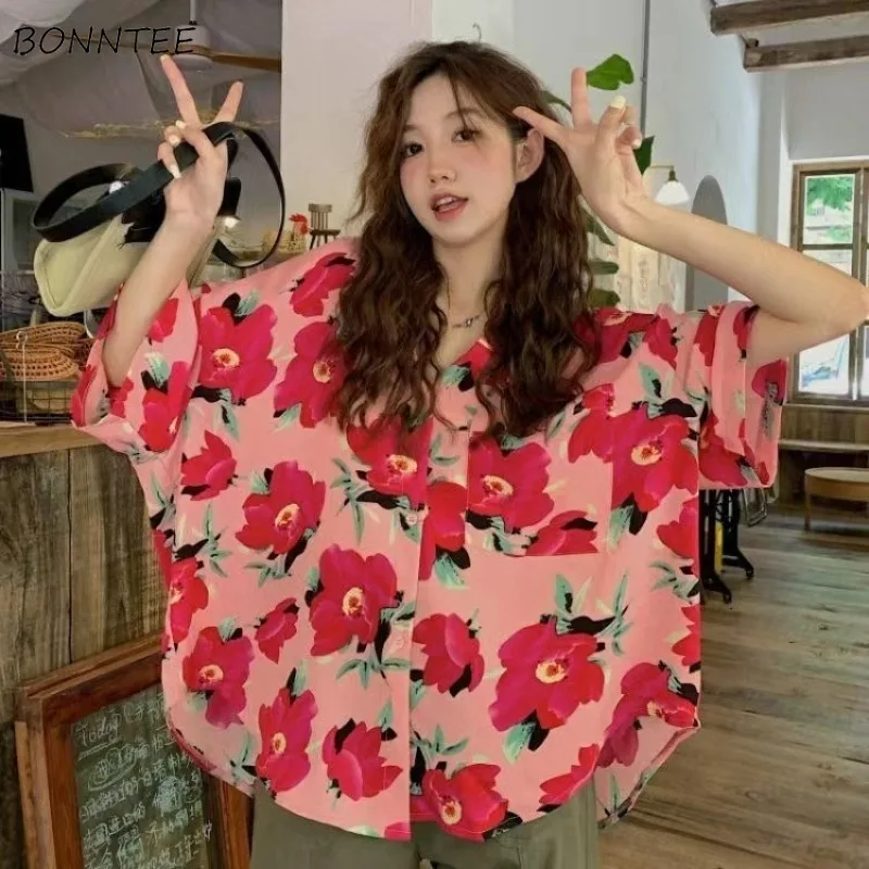 

Women Shirt Beach Holiday Casual Vintage Floral Chic All-match Streetwear Summer Short-sleeved Tops Korean Fashion Loose Cozy