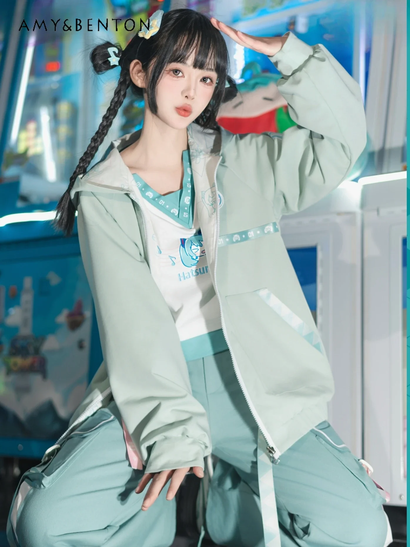 Japanese Print Double-Sided Hoodies Kawaii Long-Sleeved T-shirt Casual Pants Three-Piece Set Spring Preppy Style Sweet Outfits