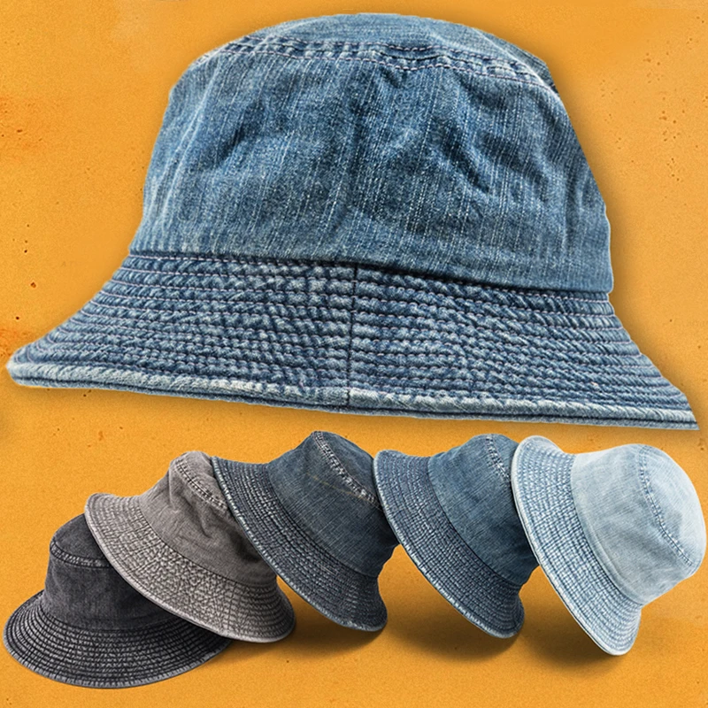 Fashion Denim Washed Bucket Hat Retro Foldable Fisherman Cap Cotton Casual Sun Hat Summer Outdoor Sunscreen Cap for Women Men